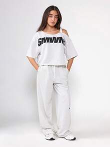 SUMWON One Shoulder Logo T-Shirt Wide Leg Pants Set Streetwear Festival Wear Casual Matching Set Drawstring Waist Loose Fit Autumn Fall - Light Grey - View 2