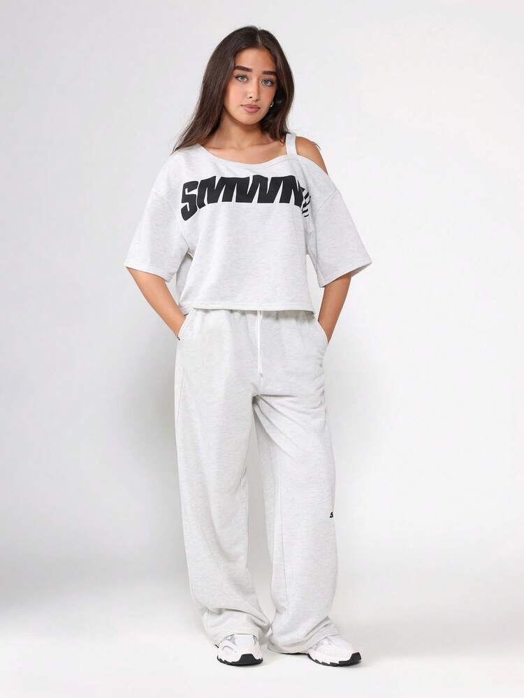 One Shoulder Logo T-Shirt With Wide Leg Pants