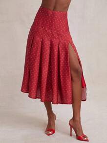 NYA SZN Skirt Print Polka Dot Minimal Pleated Midi Summer Spring Length Skirt, Office Casual Brunch Cowboy Modest Elegant Festival Fashions Church Outfits For Women - Red - View 1