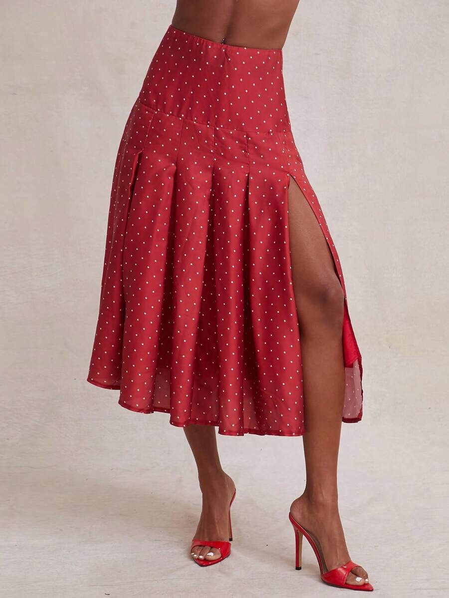 NYA SZN Skirt Print Polka Dot Minimal Pleated Midi Summer Spring Length Skirt, Office Casual Brunch Cowboy Modest Elegant Festival Fashions Church Outfits For Women - Red - View 1