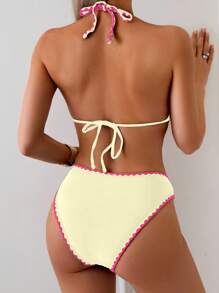 Swim Vcay 2pcs Women's Bikini Set, Halter Tied Floral Hem Flower Printed Swimsuit, Fashionable Casual Holiday Swimwear For Summer Beach Vacation - Beige - View 2