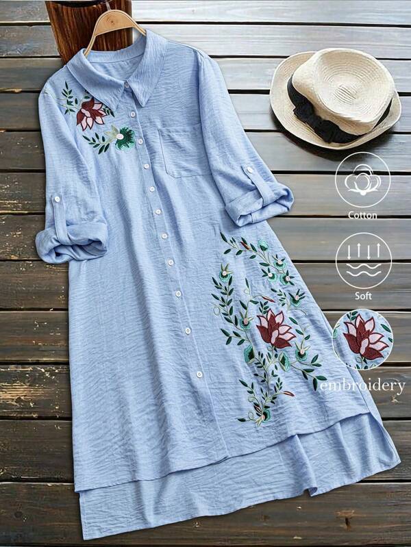 Linhara Plus Size Women Woven Long Sleeve Long Dress, Casual Elegant Embroidered Blue Shirt Style Dress With Side Slits, Spring Autumn