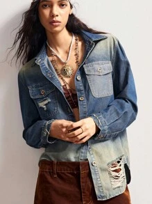 Bohemela 波西米亚风做旧牛仔夹克，适合音乐节、万圣节、秋冬季外套穿着，女士秋季夹克 - 藍色 - 查看 5