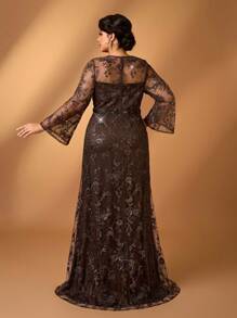 Serin 优雅浪漫咖啡色圆领长袖透视奢华刺绣珍珠和水钻装饰美人鱼下摆新娘妈妈礼服，加大码 - 咖啡棕 - 查看 7