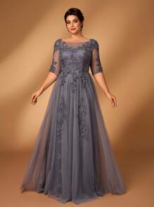 Serin Plus Size Summer Romantic Elegant Gorgeous Gray Lace Splicing Mesh Round Neck Three-Quarter Sleeves Luxury Applique Design A-Line Hem Suitable For Dinner Date Dance Bachelorette Party Music Festival Holiday Wedding Event Evening Dress Bride Mother Dress