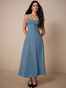 Poéselle 女士优雅纯色吊带长裙 - 藍色 - 查看 3