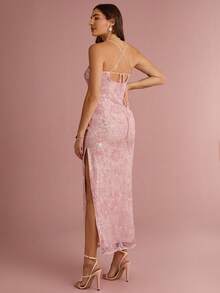 Enchnt Spring/Summer Romantic Women's Sequin Floral Embroidery Spaghetti Strap Fitted Maxi Dress,Chic&Elegant For Party&Date&Holiday&Graduation&Going Out - Pink - View 3