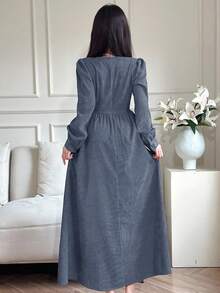 Feyla Women Elegant Solid Color Puff Sleeve Dress - Blue - View 5