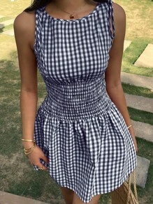 SHEIN EZwear 夏季休闲度假格子褶皱迷你连衣裙 - 藏蓝色 - 查看 4