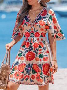 Sylviya Rave Outfits Concert Outfit Women Country Concert Outfit Rave Outfits Festival V-Neck Fitted Waist Ruffle Hem A-Line Flare Sleeve Colorful Floral Casual Resort Elegant Dress For Women, Spring/Summer,Vacation - Multicolor - View 4