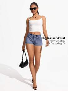 Flexra 女式口袋紧身休闲百搭牛仔短裤 - 淺色水洗藍 - 查看 3