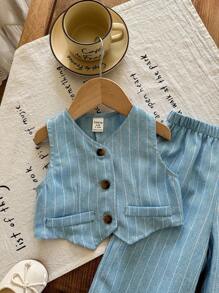 LMoss Kids LMoss Baby Girl Woven Solid Color Top And Loose Casual Long Pants Set - Blue - View 4