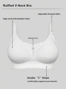 SHEIN Fashionable Minimalist Solid Color Comfy Seamless Lace Patchwork Wireless Wide Strap Pullover Ruffle Trim Thin Padded Plus Size Women Bra - White - View 7