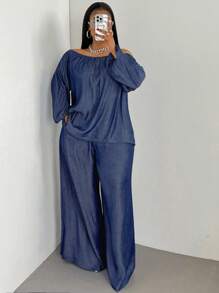 Maweii 2 件套大码纯色露肩长袖简约上衣和裤子套装 - 藏蓝色 - 查看 6