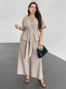 Firerie Plus Size Casual Solid Color Short Sleeve Top And Loose Pants 2 Pieces Set,Business Casual Woman