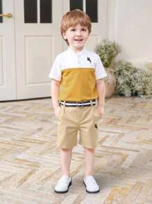 SHEIN 2pcs Young Boys' Casual Color-Blocked Dinosaur Embroidery Short-Sleeved T-Shirt Soft And Comfortable Dinosaur Embroidery Shorts Spring And Summer Kids Boy Outfit Polokids Polo And Shorttwo Piece Set Boysgetaway,Holiday,Travel,Relax,Sunbathing,Summer