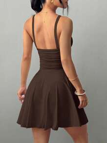 Zielony Women's V-Neck Ruched Waist A-Line Sexy Elegant Camisole Mini Dress Dark Brown Dress Chocolate Brown Dress