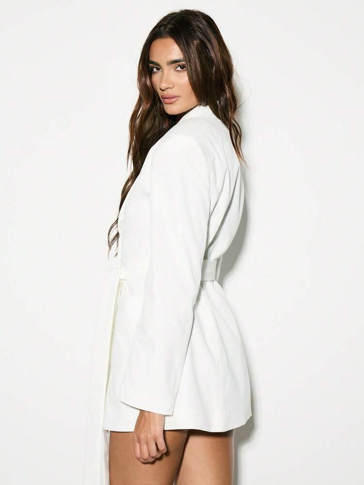 KIZN Long Sleeve Belted Blazer Mini Dress With Padded Shoulders