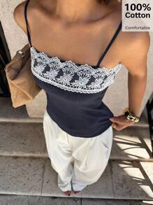Siren Gaze 2025 Women's New Design Lace Trim Camisole Tank, Minimalist Sexy Short Tube Top Lace Trim Tops Neckline Lace Trim Tops Cotton Tops Women's Spaghetti Strap Square Neck Tops 100%Cotton Crochet Top Women Lace Top Summer Casual Blue - Navy Blue - View 4