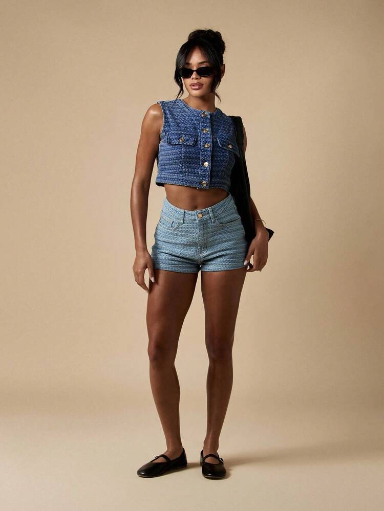 MISSGUIDED Áo vest denim jacquard cắt ngắn không tay cài nút phía trước phong cách phương Tây lễ hội mùa hè thời trang đường phố giản dị tuyên bố thời trang - Rửa trung bình - Xem 3