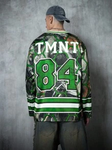 TEENAGE MUTANT NINJA TURTLES | SHEIN Men's Casual Letter & Cartoon Print Long Sleeve T-Shirt,Fall - Green - View 4