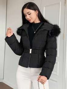 DAZY Women's Autumn/Winter Fitted Padded Coat With Furry Collar And Waist Drawstring Jacket - Black - View 13
