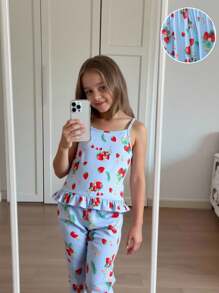 青少年女孩蓝色基础简约时尚红色草莓印花吊带背心和长裤舒适两件套睡衣套装