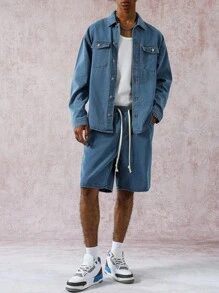 Manfinity EMRG Men's Casual Washed Denim Jacket And Shorts Set, Fall - Blue - View 7