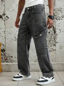Manfinity Roughcore 街头时尚大口袋工装牛仔裤，水洗男士牛仔裤 - 灰色 - 查看 1