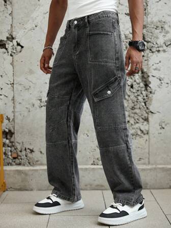 Manfinity Roughcore بنطلون جينز كارجو بجيوب كبيرة، بنطلون جينز رجالي مغسول