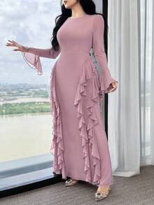 Feyla Vestido de mujer de color liso elegante con manga abullonada con volante - Rosa - Ver 1