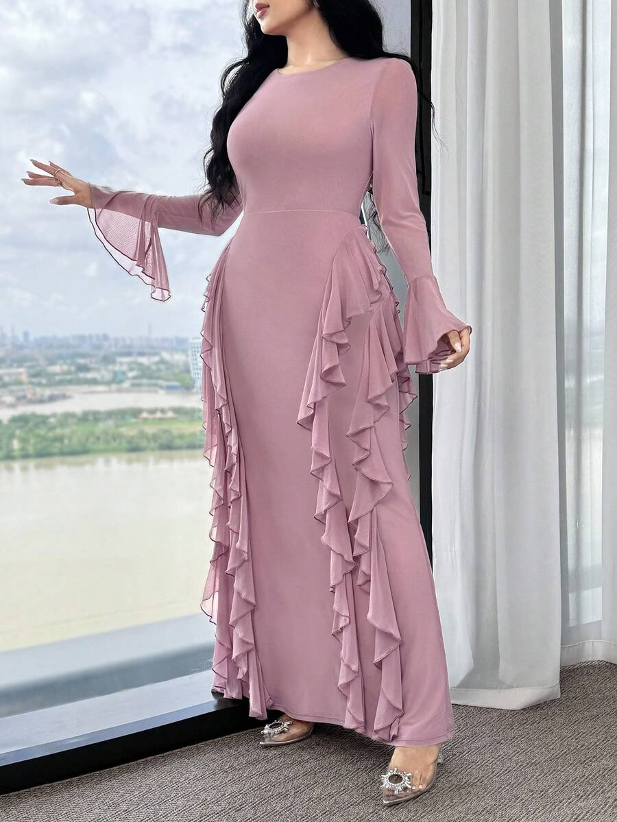 Feyla Vestido de mujer de color liso elegante con manga abullonada con volante - Rosa - Ver 1