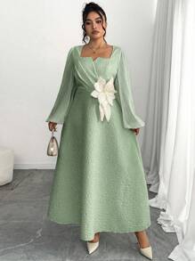 Modelyn Women Plus Size 3D Music Floral Decor Long Sleeve Dress Fall Cloth For Women - Green - View 5