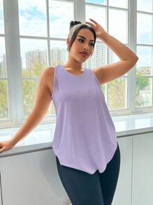 Easithlete Plus Size Women Round Neck Everyday Fitness Sports Tank Top Plus Size Workout Tops Plus Size Gym Tops Workout Tops Women Loose Purple Gym Top Curve Activewear Tops Plus Workout Top - Mauve Purple - View 3