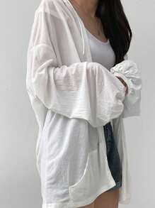 DAZY Women Oversized Hooded Floral Print Open Front Thin Jacket, White, Spring/Summer/Autumn - White - View 5