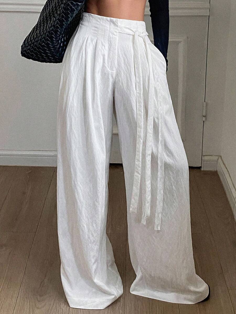 Livesso Women's Pleated Loose Tie-Front Wide Leg Pants, Casual City Style