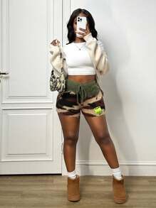 Slaydiva 2025秋冬新款夏季休闲街头运动树枝图案迷彩羊毛针织短裤 - 彩色 - 查看 7