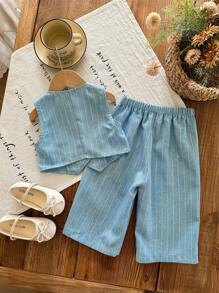 LMoss Kids LMoss Baby Girl Woven Solid Color Top And Loose Casual Long Pants Set - Blue - View 2