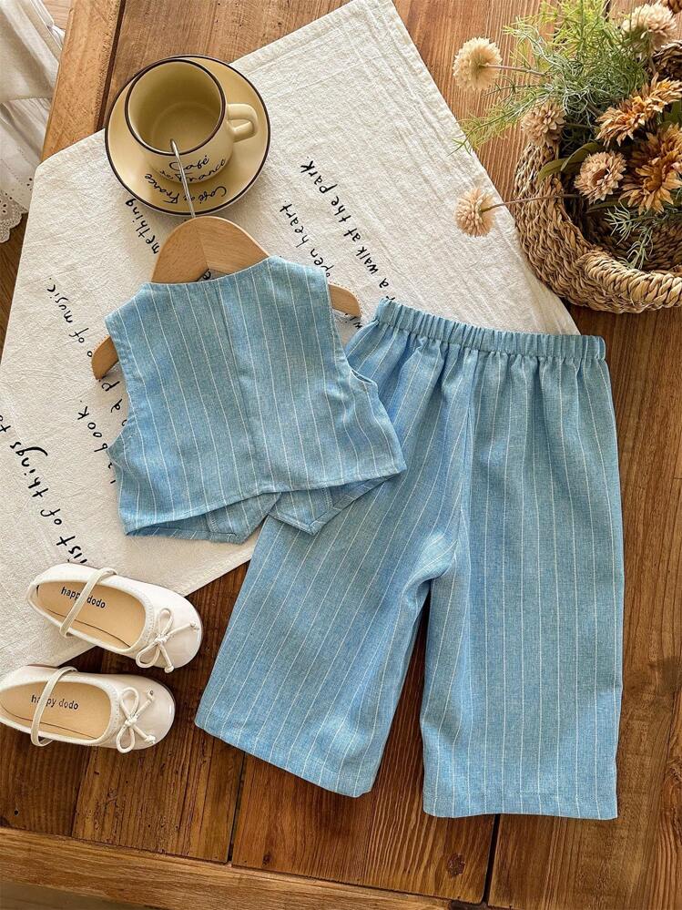 LMoss Kids LMoss Baby Girl Woven Solid Color Top And Loose Casual Long Pants Set - Blue - View 2