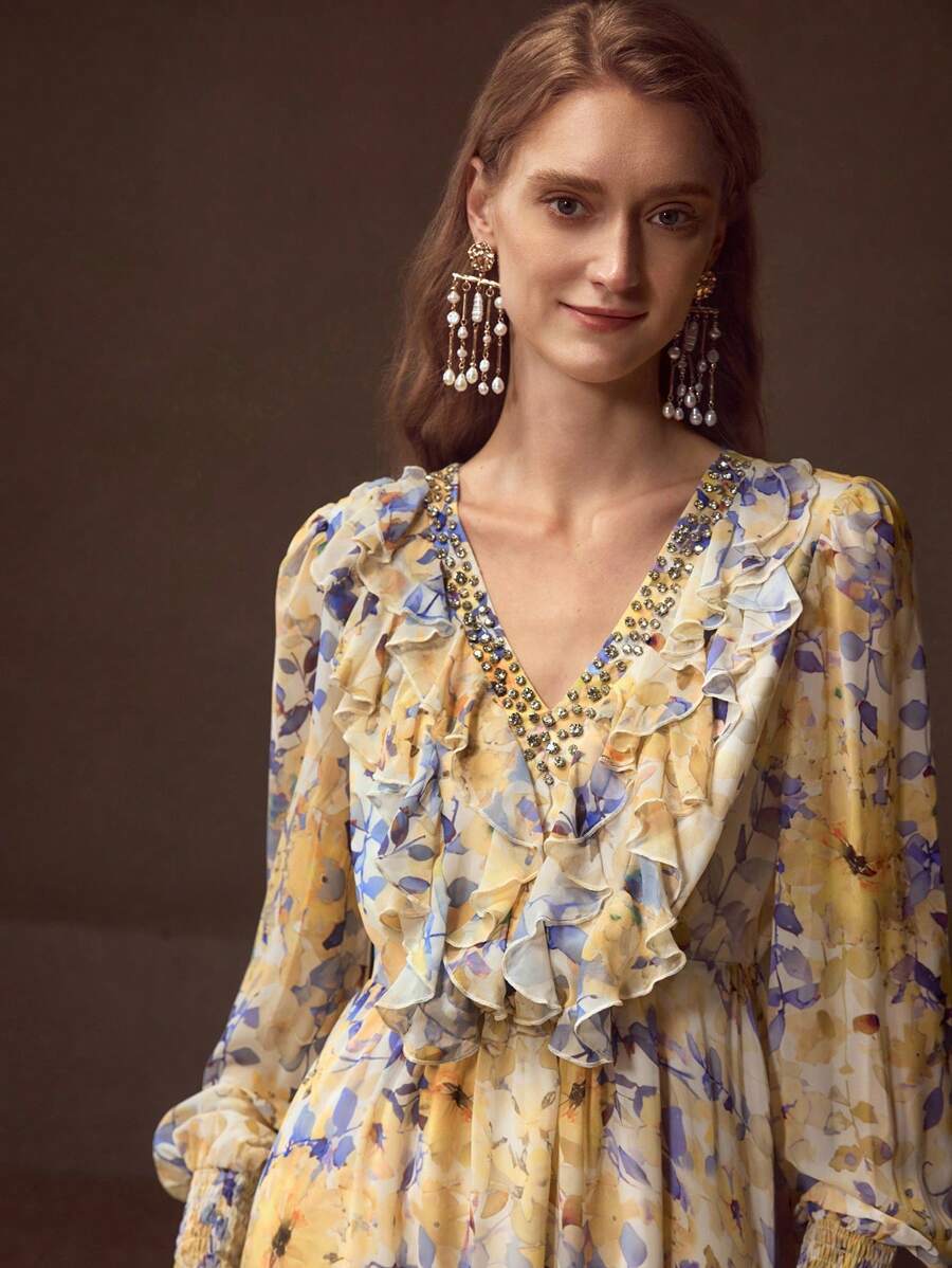 MOTF PREMIUM WOMEN'S ALLOVER FLORAL PRINT V-NECK ELABORATE RHINESTONE LAYERED RUFFLE TRIM LANTERN SLEEVE ELEGANT DRESS