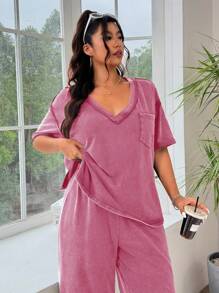 Solflare 2 件套女士加大码玫瑰红色 T 恤和运动裤，休闲套装 - 玫紅色 - 查看 4