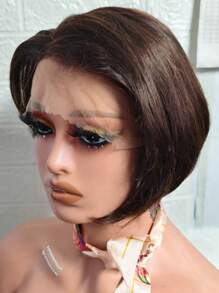 短直鲍勃精灵短发人发假发 #2 深巧克力色 13x4x1 蕾丝前部自然发际线预拔侧分蕾丝前部 150% 密度人发假发适合女性日常使用