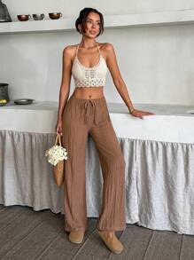 EURMUSE Damen einfarbige Lange Hose mit Kordelzug, minimalistisch, für den täglichen Gebrauch