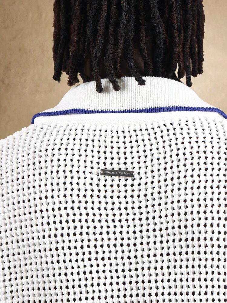 Open Mesh Polo Knit Top With Varsity Stripes