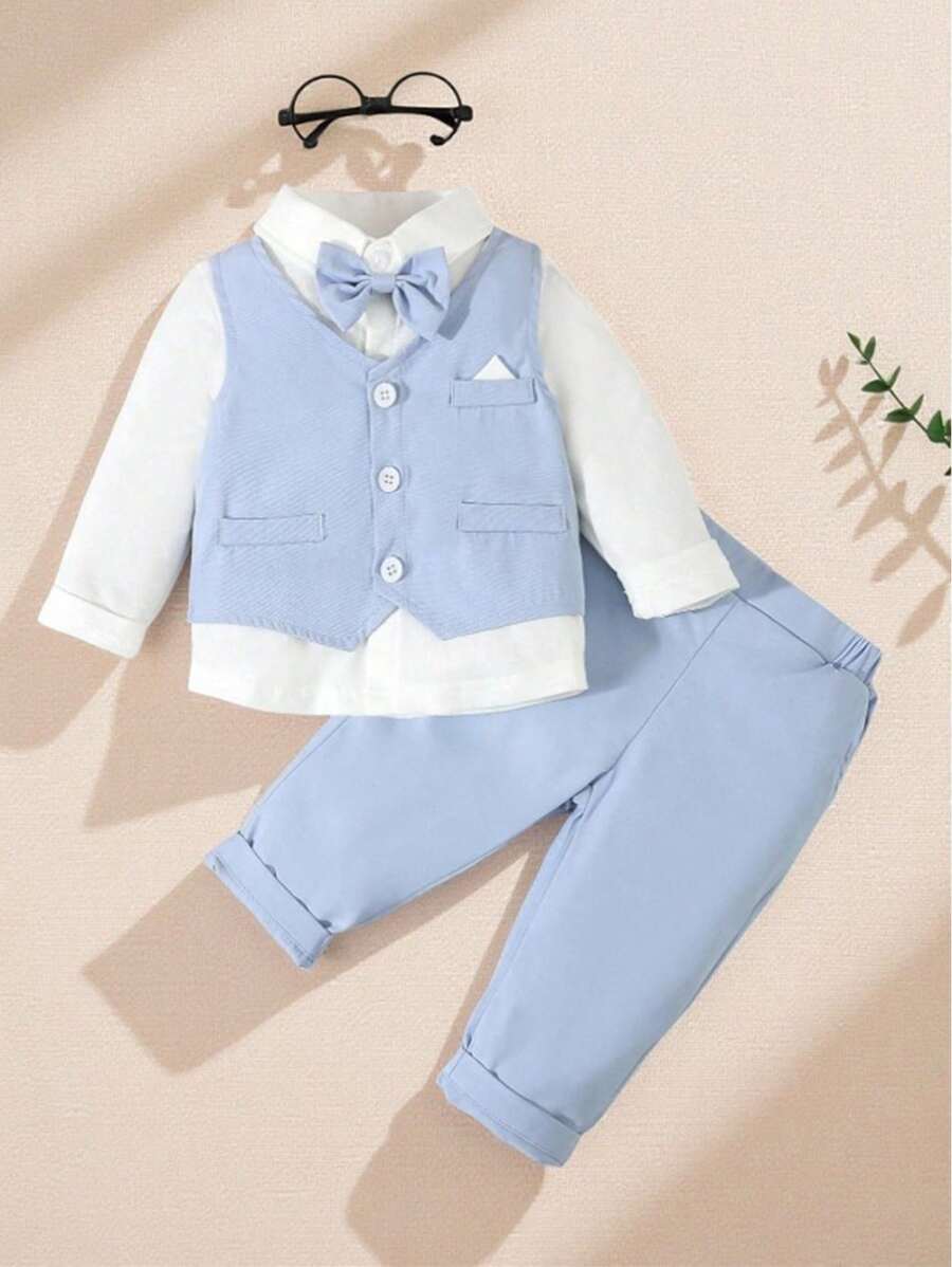 SHEIN 男婴绅士套装三件套，白色领结衬衫+马甲+裤子，正式西装，适合婚礼、生日派对、周年纪念、洗礼、一周岁生日等场合。 - 藍色 - 查看 1