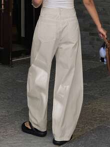 DAZY 女士宽松纯色带口袋萝卜裤，休闲秋季长裤 - 淺灰色 - 查看 2