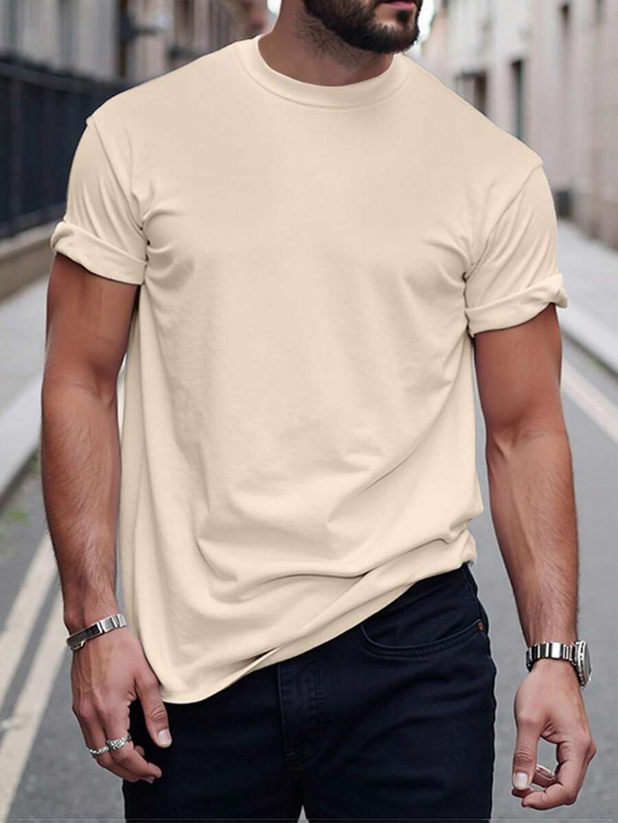 Manfinity Homme 男士纯色休闲 T 恤,简约风格,适合日常穿着 - 卡其色 - 查看 1