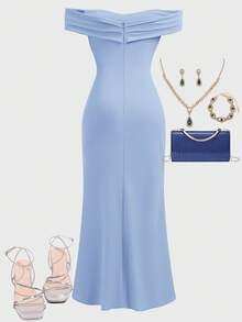 SHEIN Girlism Teen Girls Off Shoulder Ruched Criss-Cross Hem Slit Fishtail Dress, Party Wear Baby Blue Dress Women Dress For Wedding Guest Elegant Dress Light Blue Off The Shoulder Dress Asymmetrical Dress Light Blue Elegant Dress Dress With Slit Classy Elegant Dress Fall Winter