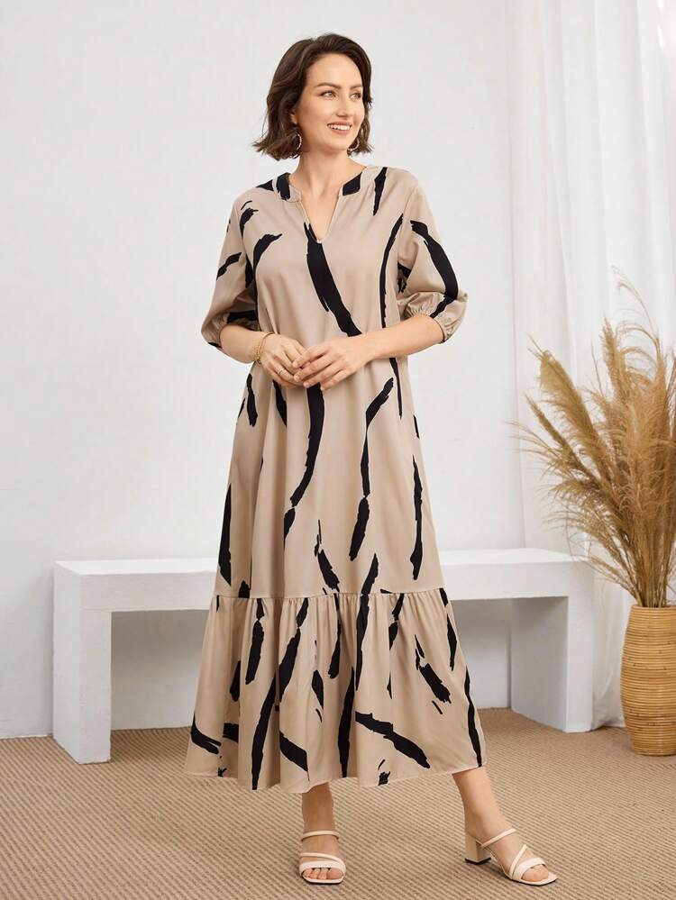 Vestidos casuales y modestos de uso diario para el Día de la Madre, con estampado de pinceladas, cuello en V, en color caqui, para primavera y verano
