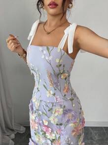 Selianne 2pcs Set: Elegant Tie Front Top With 3D Floral Embroidery And Matching Skirt - Multicolor - View 5